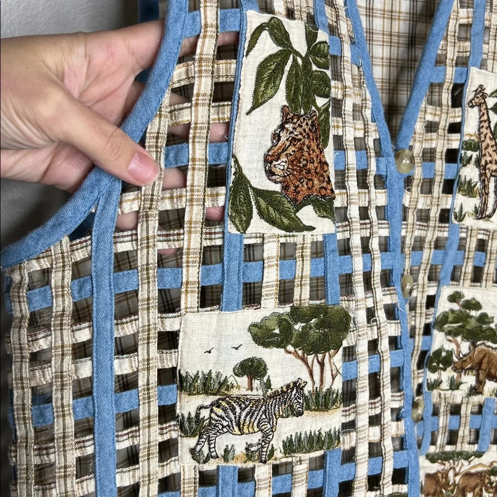Vintage Casey & Max Patchwork Safari Animals Lattice And Plaid Cotton Linen Vest